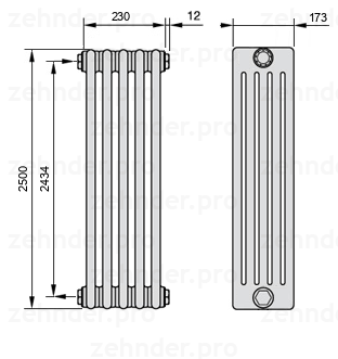 Схема (чертеж) Радиатор Zehnder Charleston 5250/5 №1270 Белый глянцевый RAL 9016